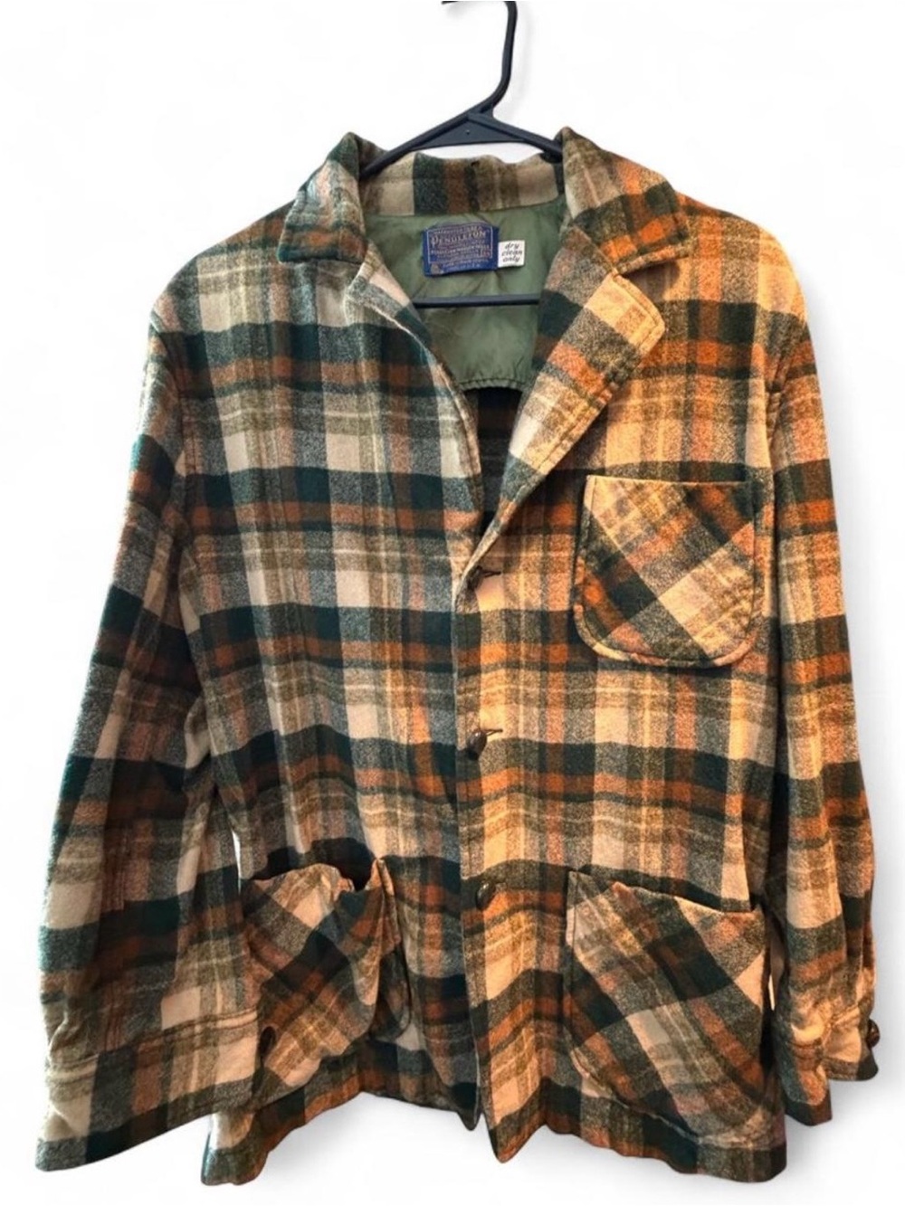 Pendleton green, beige and brown plaid pure virgin wool jacket vintage 70s 80s